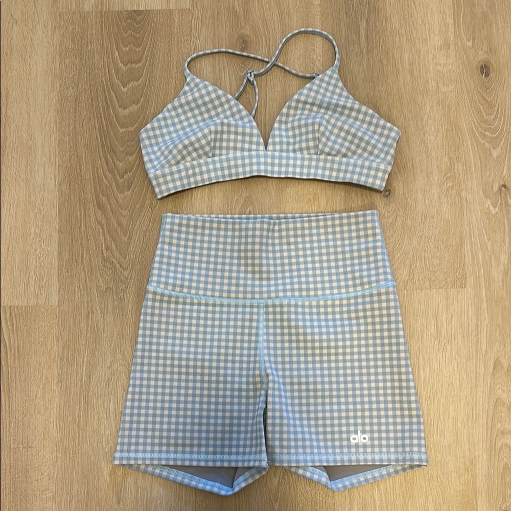 ALO Yoga Blue and White Checkered Bike Shorts